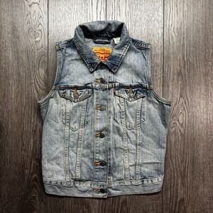 Levis Vest Womens Small Blue Denim Jean Button Front Collared Pockets Trucker